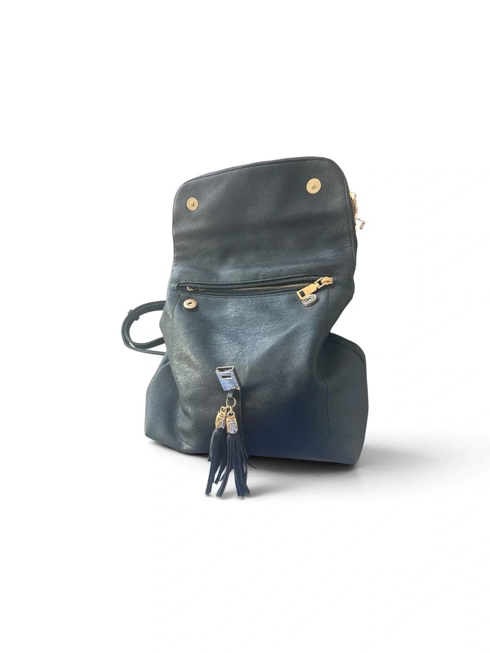Miztique Classic Black Leather Backpack Handbag with Tassel